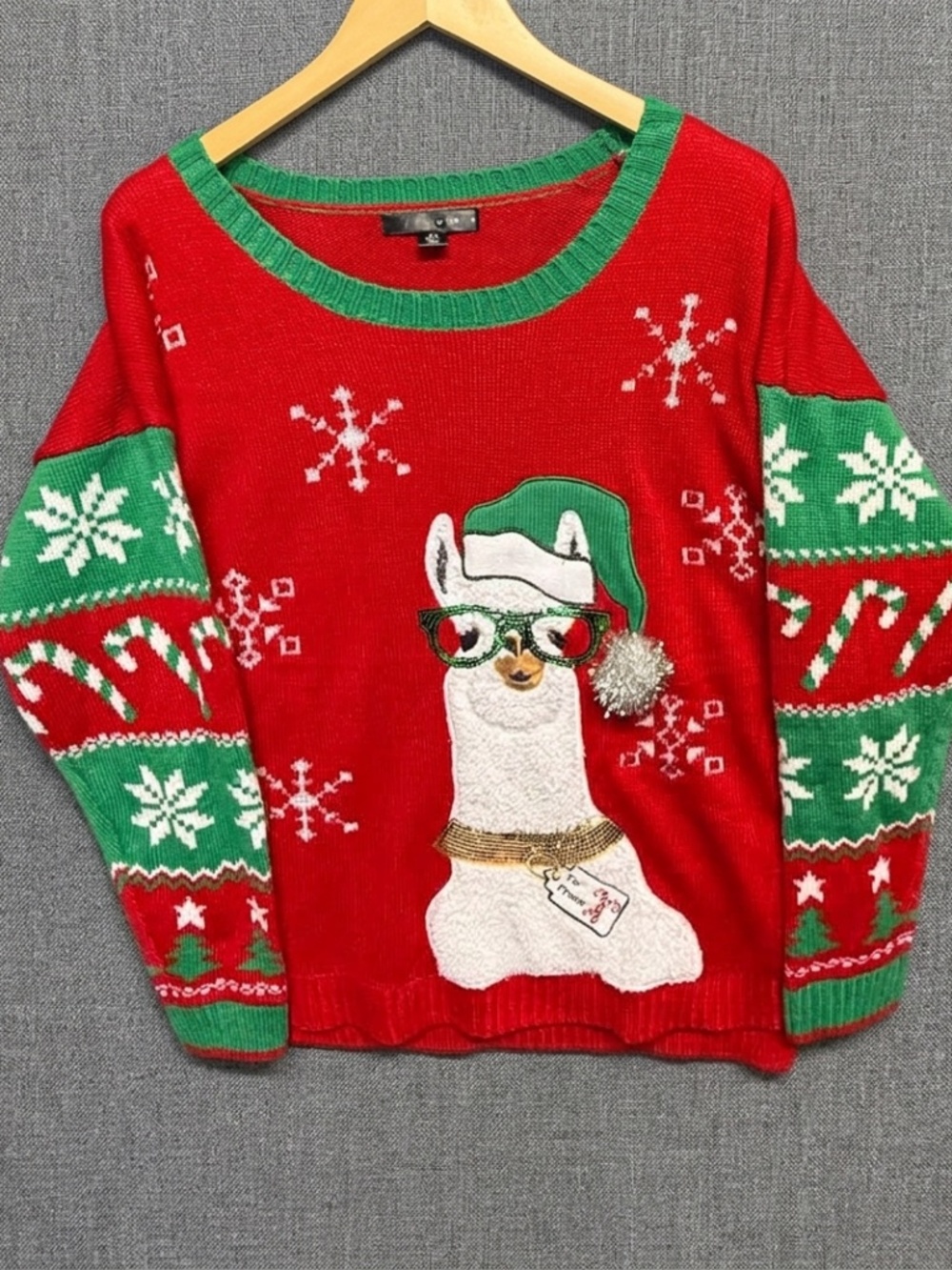 33 Degrees Ugly Christmas Sweater XL Llama Glasses Santa Hat Sequins Pom Pom